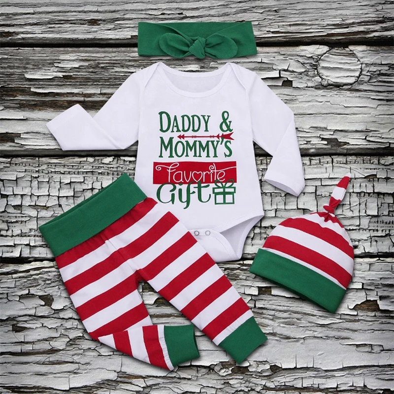 Рождественская одежда для малышей боди с длинными рукавами и круглым вырезом и буквенным принтом, комплект со штанами в полоску, г., дизайн для малышей от 0 до 24 месяцев