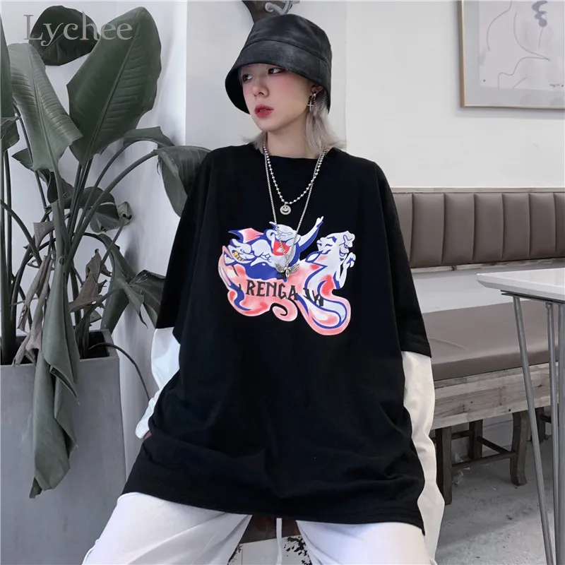Lychee Harajuku, принт с привидениями, женская футболка, топ, футболка, в полоску, поддельные, 2 штуки, женские футболки, топы, футболки, пэчворк, с круглым вырезом, женские футболки