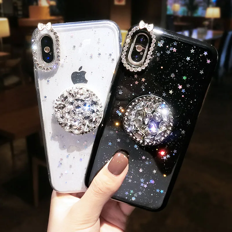 

For iPhone 11 Pro Max XR X Case Luxury Glitter Diamond Cover For iPhone 6 6S 7 8 Plus 3D Stand Holder Clear Soft TPU Phone Case