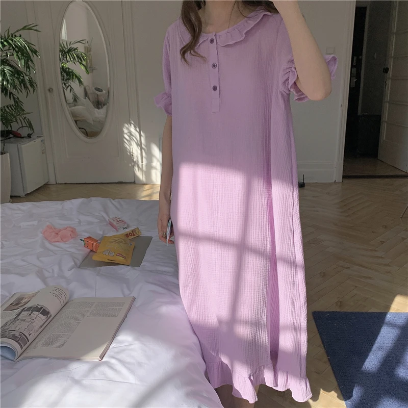 

Summer New Soft 8 Color Peter Pan Collar Sweet Crepe Cotton Nightgown Solid Short Sleeve Ruffles Women Dress Homewear