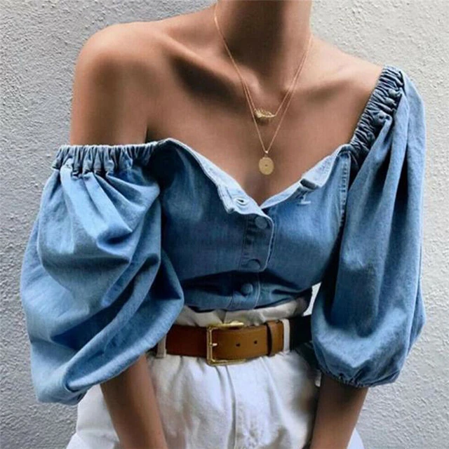 holgada con hombros descubiertos de mezclilla con manga blusa para mujer Blusas Vintage holgadas de gran Blusas femeninas - AliExpress