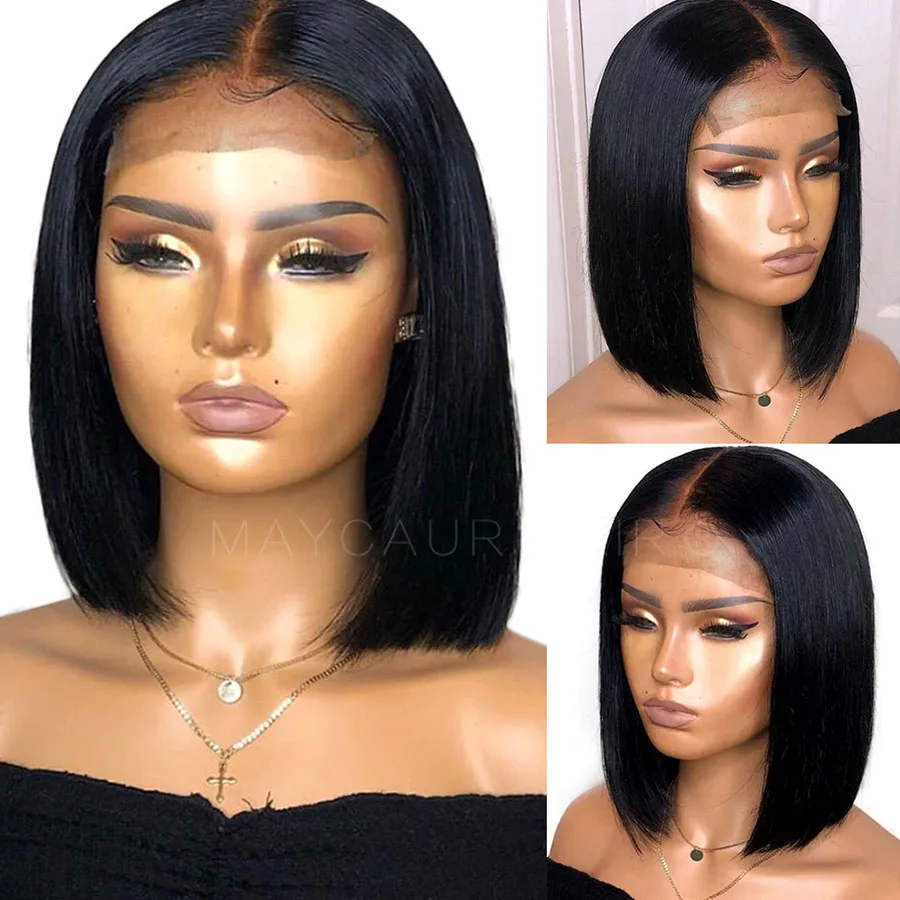 Maycaur Natural Straight Wigs For Black Women Synthetic Lace Front Wigs Short Cut Bob Hair Glueless Wig 12 Inch (2)