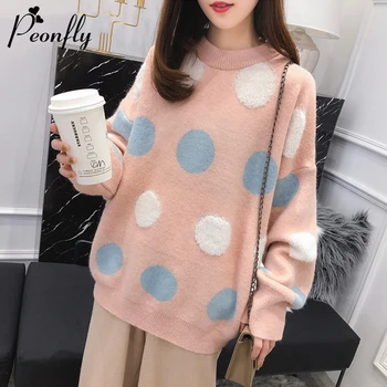 

PEONFLY 2020 Autumn Winter Sweater Korean Cute Polka Dot Pullover Sweater Women Warm Loose Knitted Jumper Female Blue Pink