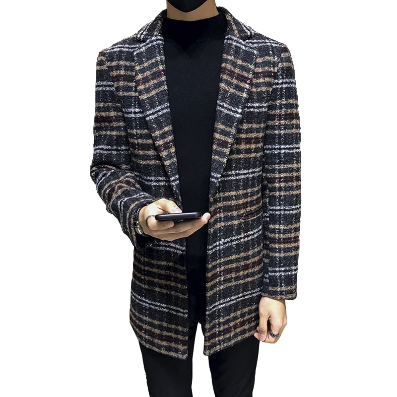 

2019 new autumn and winter thick high quality lattice slim Men's trench coat wool rough flower England paragraph blends coat