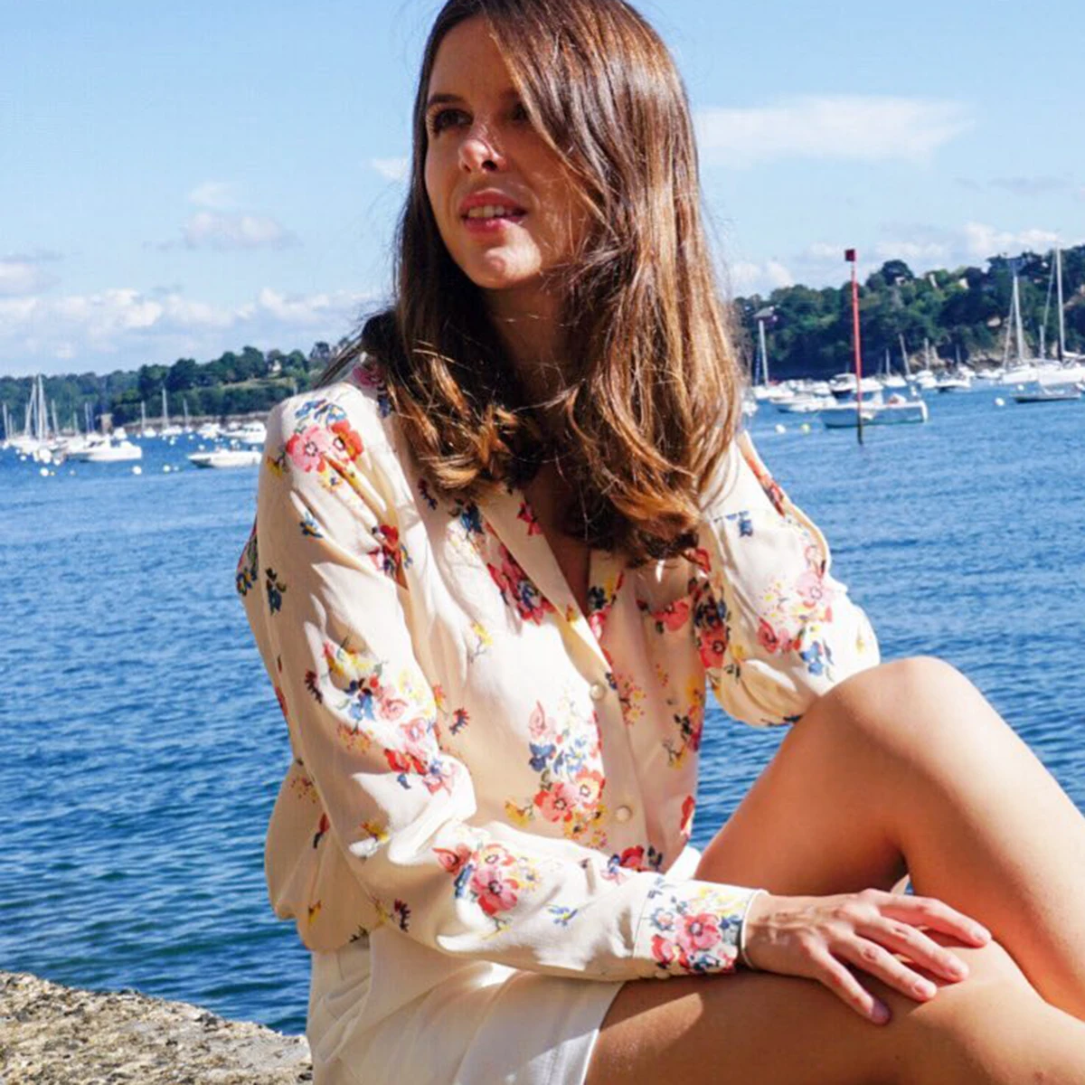 Floral Printted Silk Shirt Women Summer Pink