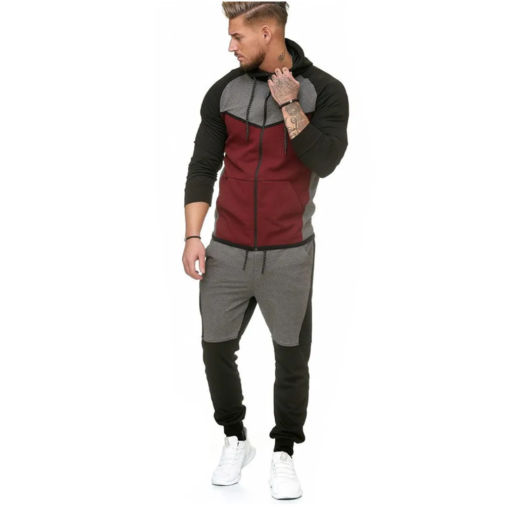 Men s Spring Patchwork Hoodies Tracksuit Set Male Zipper Hoodies Sweatshirt Sweatpants Cotton Sporting Jogger Sweat 4
