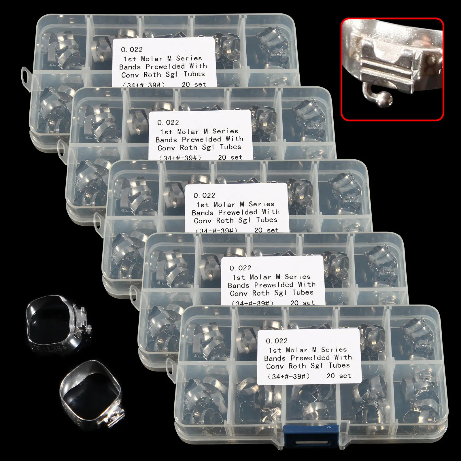 

5Sets/100PCS Dental Orthodontic 1st Molar Roth.022 Single Tube & Bands 34#-39# Convertible