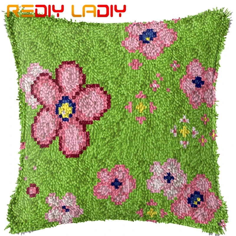 

Latch Hook Cushion Pink Flowers Pillow Case Pre-Printed Color Canvas Acrylic Yarn Latched Hook Pillow Crochet Cushion Cover Kits