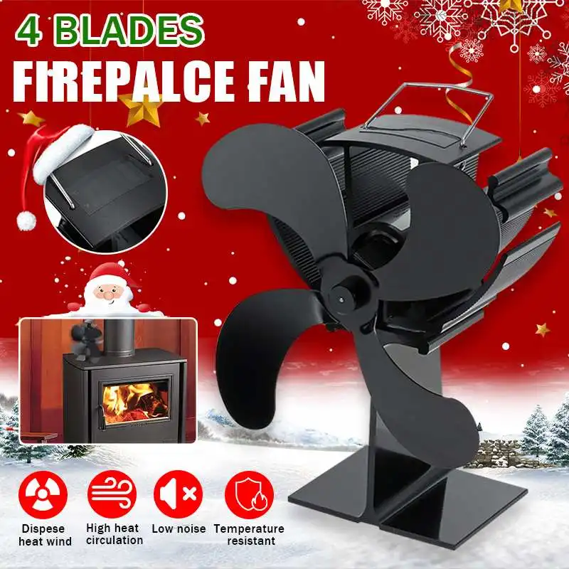 

Black 4 Blades Heat Powered Stove Fan Eco Fireplace Fan Wood Burner Quiet Energy Saving Home Efficient Heat Distribution