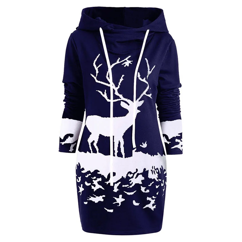 Рождественское платье для женщин с принтом оленя, платье-толстовка с капюшоном на осень и зиму, мини-платья на завязках, уличная одежда