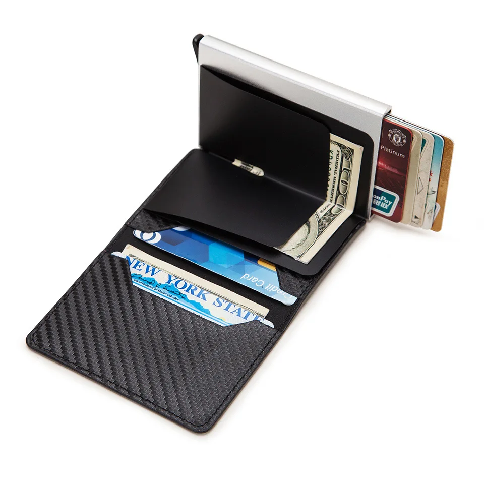 Foreign trade aluminum alloy card box carbon fiber pattern men and women PU automatic RFID credit card Holder AliExpress WISH explosion models