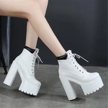 baratas Outono Inverno Moda Sexy Rendas Até Plataforma Botas Femininas 14cm De Salto Alto Botas Femininas Preto Branco Goth Couro Tornozelo Botas