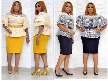 

2020 new spring african women o-neck polyester plus size two pieces sets top and skirts L-4XL