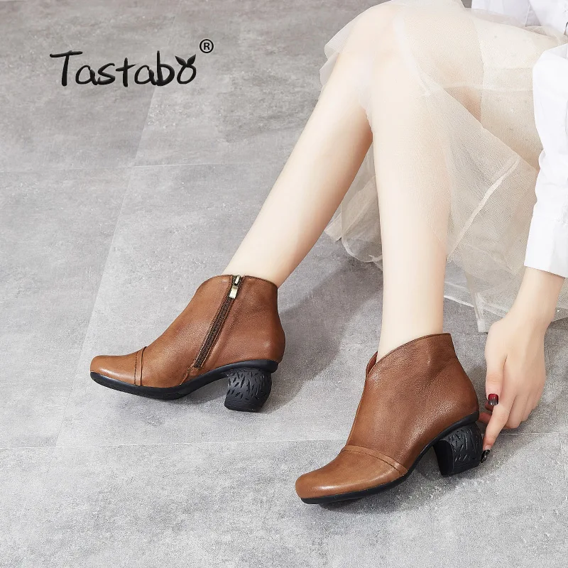 Tastabo manual Genuine Leather high heel women's boots Black brown Vintage texture S3655-3 Comfortable shoes Wear-resistant