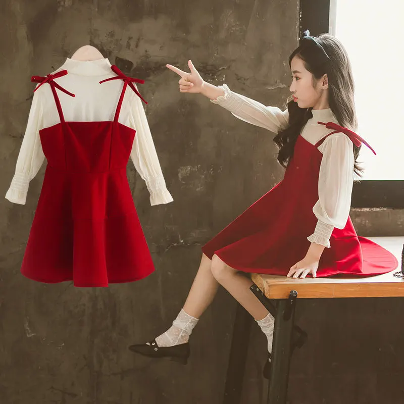 Girls Dress Spring Teen Princess Fall Long Sleeve Red Black Elegant for Girl Child Costume 4 5 6 7 8 9 10 11 12 13 14 Year | Детская