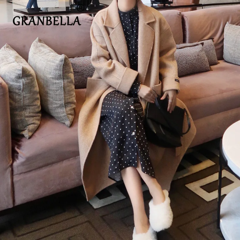 

2019 autumn and winter new large pocket double-faced cashmere coat plus long European and American big-name slim woolen coat