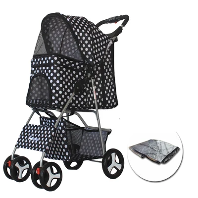 Уличная тележка для животных, собак, кошек, переноска для домашних животных, коляска, многоцветная, ткань Оксфорд, стальная труба, высокая интенсивность, 4 колеса, один ключ, складной - Цвет: white dot