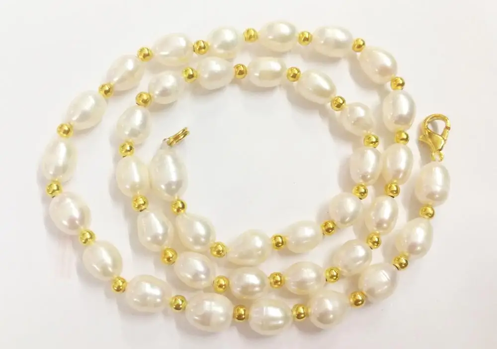 

7x8mm white pearl oval beads choker gold beads mixed necklace gold clasp Natural freshwater pearl Women Jewelry