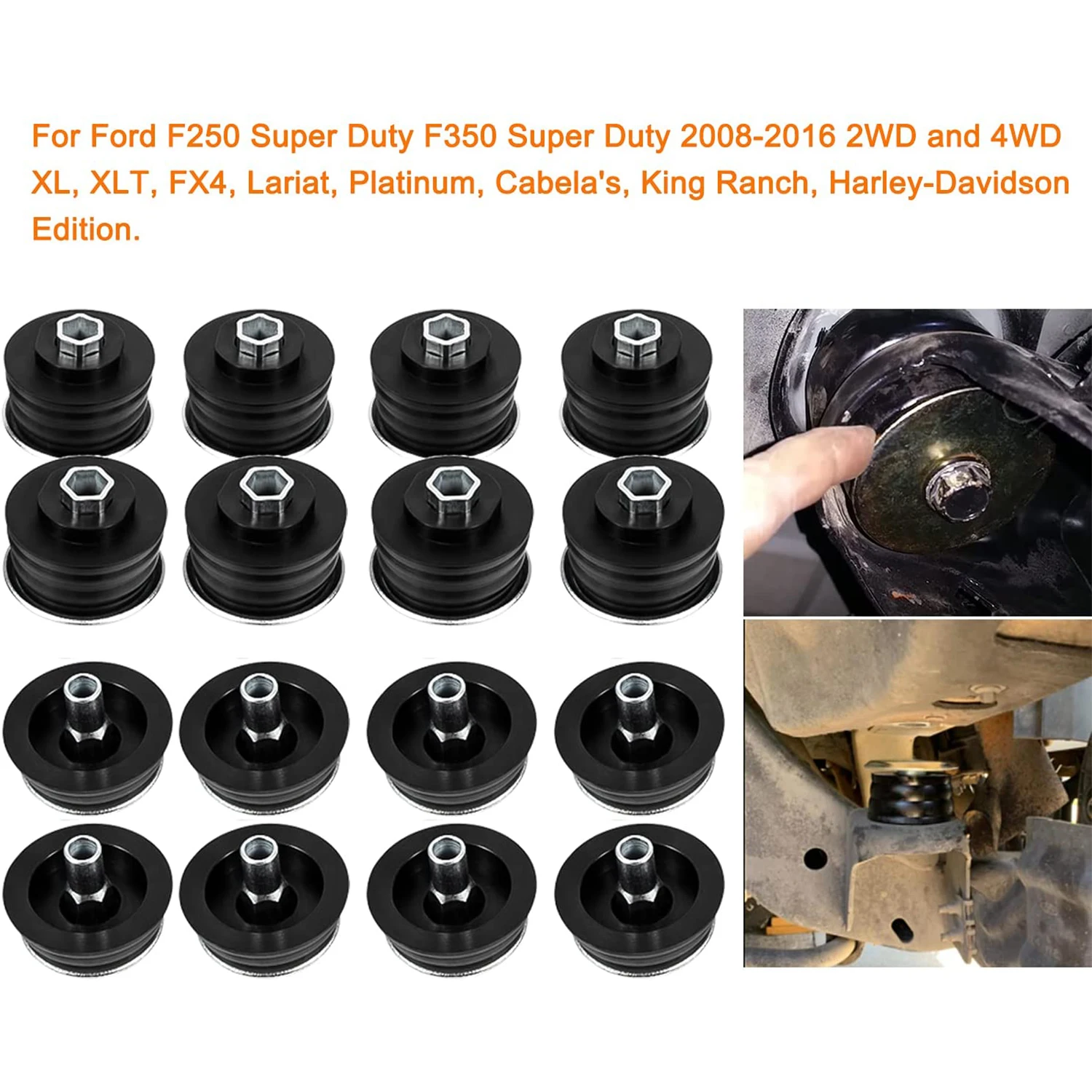 Chuang Qian Body Mount Bushing Kit for Ford F250 F350 Super Duty 2008- 2WD 4WD Steel Sleeves & Hardware Black