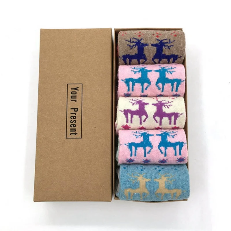 Retro Thickening Women Socks Autumn Winter Rabbit Wool Patchwork Socks Female Christmas Series 5 Colors Mid Tube Socks Gift Box