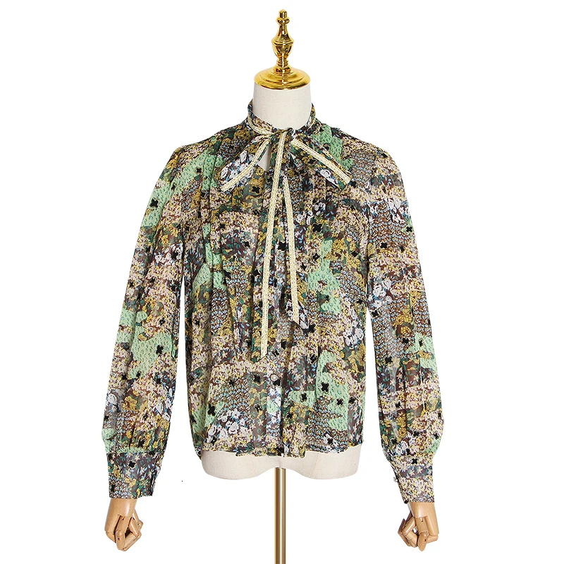 TWOTWINSTYLE Print Patchwork Sequin Women's Shirt Stand Collar Long Sleeve Lace Up Bowknot Autumn Blouse Female Fashion New