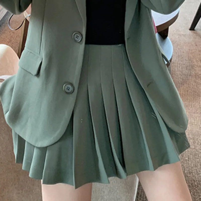 green shirt LANMREM Одноцветный однобортный ремень с длинными рукавами Блейзер плиссированная юбка Женский костюм Повседневная мода Осень TV307 - Цвет: green shirt