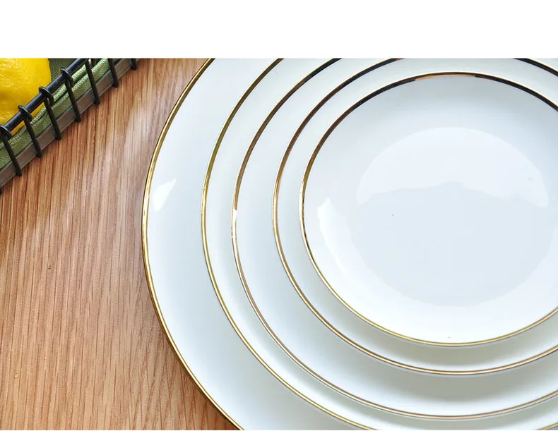 Цельные белые обеденные тарелки, керамическая тарелка, блюдо, Золотая инкрустация, белая фарфоровая посуда, посуда и тарелки, наборы