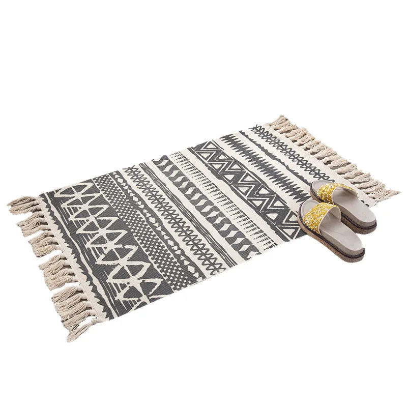 Vintage Cotton and Linen Tassel Woven Carpet Floor Mat Door Bedroom Tapestry Decorative Blanket Tea Living Room Carpet Area Rug
