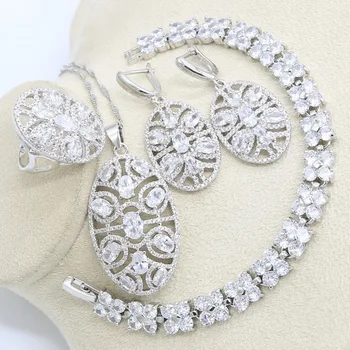 

White Cubic Zirconia White Gold Jewelry Set for Women Wedding Bracelet Earrings Necklace Pendant Ring Gift Box