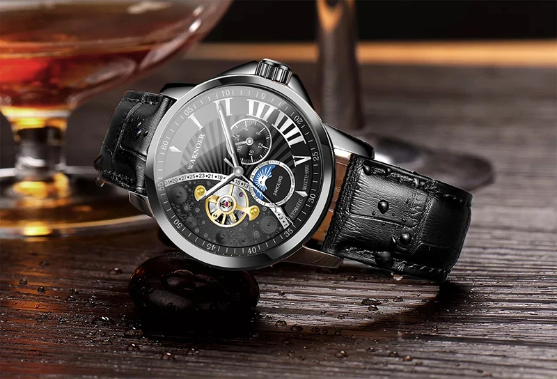 WAKNOER модные автоматические механические тонкие часы мужские роскошные кожаные часы Творческий Луна циферблат дизайн часы Relogio Masculino