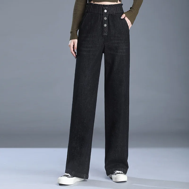 

2020 New Pnats Baggy Jeans Women Cotton Fabric Black Jeans Femal High Waist Trousers Femal 2083