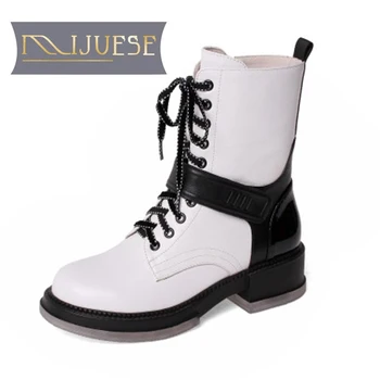 

MLJUESE 2021 women ankle boots soft Cow leather winter short plush lace up round toe high heels equestrian boots party dress