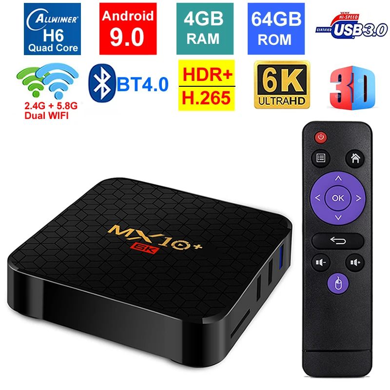 

MX10 PLUS 6K ULTRA HD Smart TV BOX Android 9.0 Allwinner H6 4GB 64GB 2.4G/5G Dual WIFI BT4.0 3D 6K HDR Set Top Box Media Player