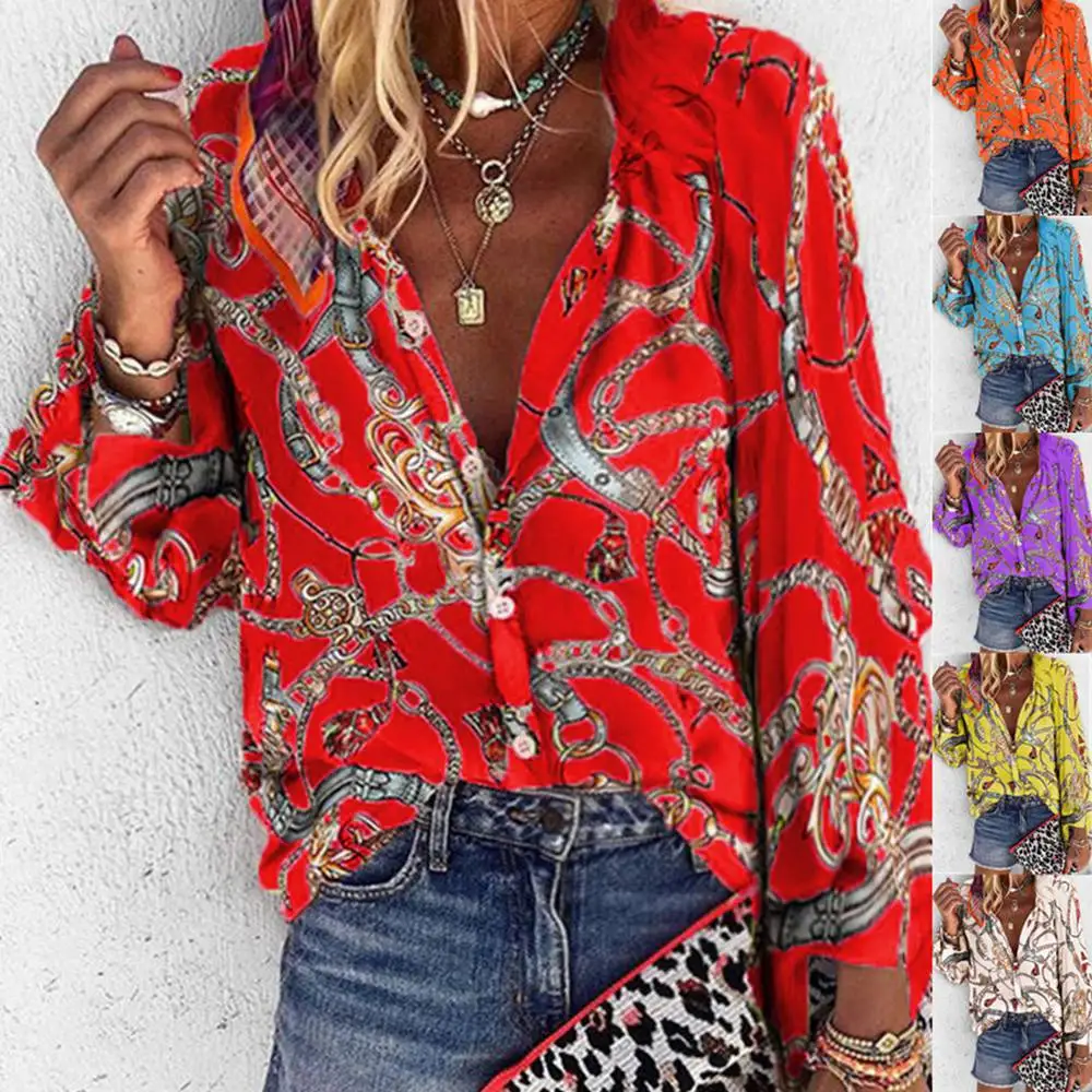 

2020 Spring Women Print Blouses Long Sleeve V-neck Turn-down Collar Chiffon Blouse Shirt Casual Tops Plus Size 5XL Blouse
