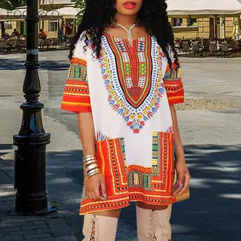 

Fadzeco 2019 New African Dress For Women Tribal Print Dashiki Dress Floral Loose Casual Tops Traditional African Mini Dress