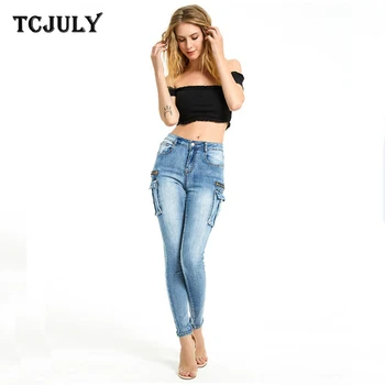 

TCJULY Vintage Bleached S-4XL Plus Size Jeans Skinny Push Up Stretchy Denim Pencil Pants Streetwear Slim Washed Blue Women Jeans