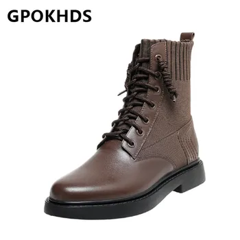 

GPOKHDS 2021 women Ankle boots Cow leather Winter short plush Round Toe Lace-Up knitted Med heels female Riding boots size 39