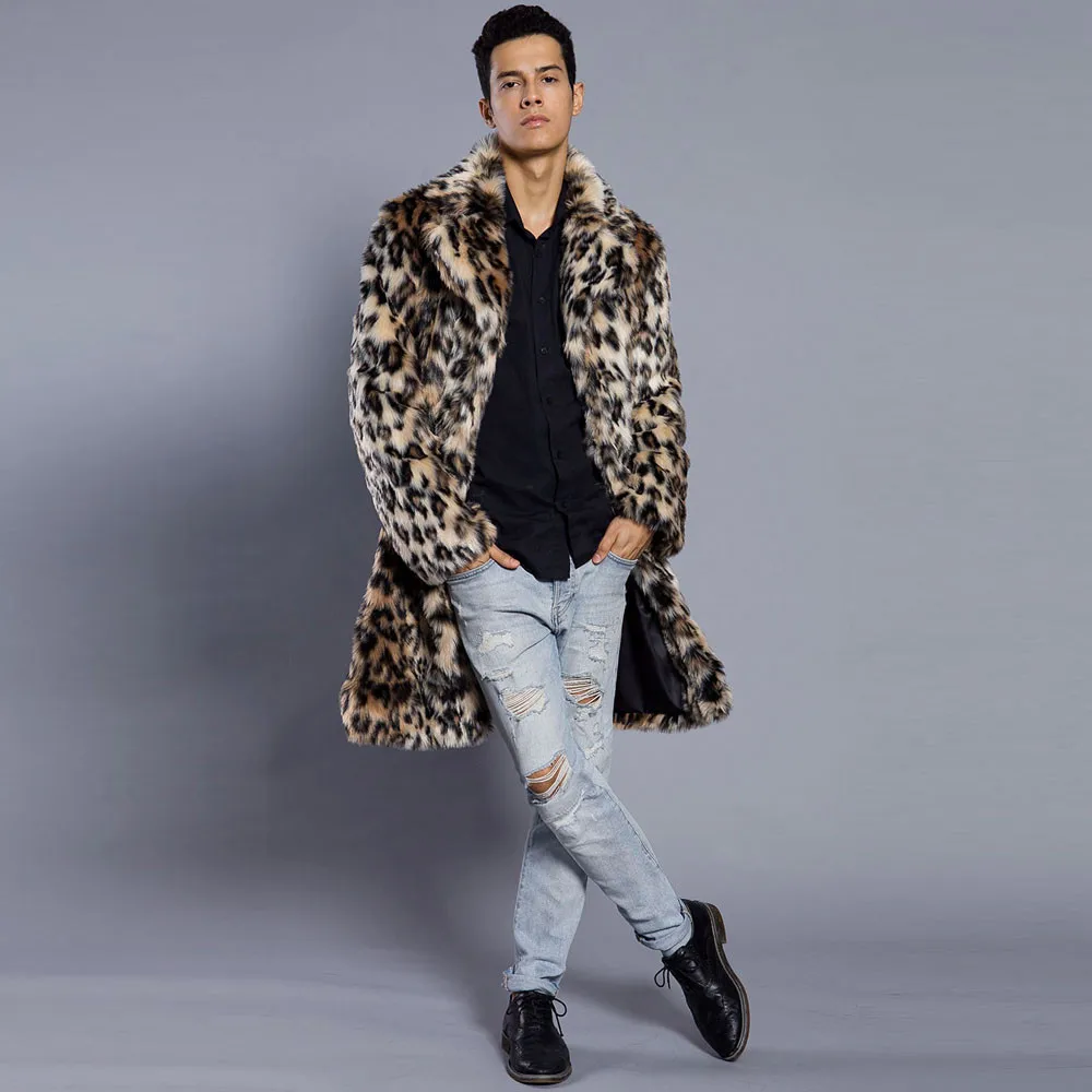 Мужское зимнее пальто, длинное теплое пальто с открытым стежком, мужские леопардовые пальто с толстым меховым воротником, куртка, парка из искусственного меха, верхняя одежда