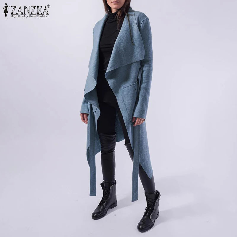 ZANZEA, осень, женские куртки, модные, дамские, отложной воротник, карманы, пальто, элегантные, с поясом, верхняя одежда, Chaqueta Mujer