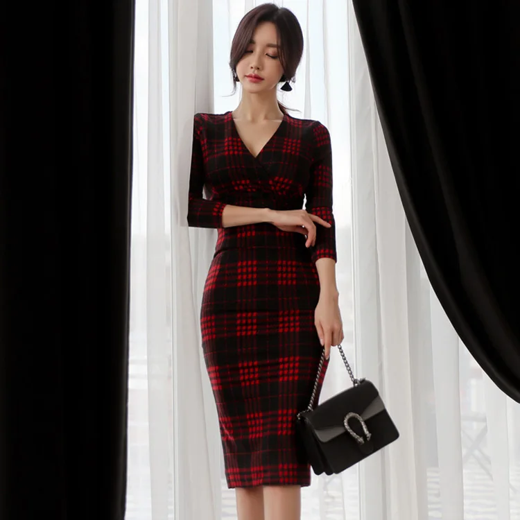 CINESSD пикантные офисные bodycon платья для женщин в африканском стиле красного цвета платье в клетку 3/4 рукавами и v-образным вырезом из хлопка, повседневный или офисный стиль миди платье Vestidos