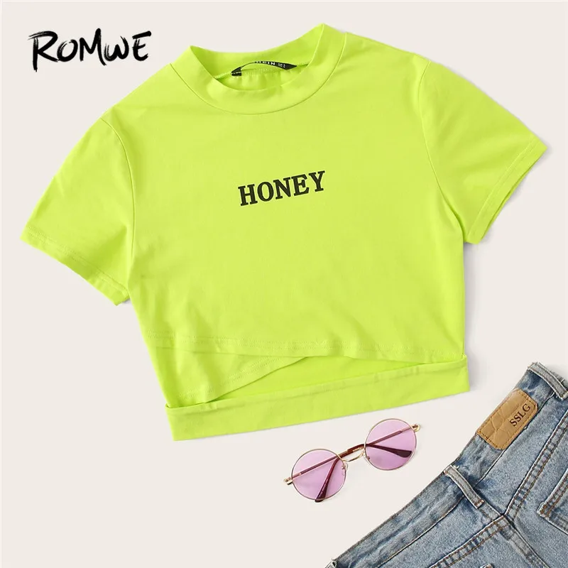 Romwe, Спортивная Футболка с имитацией шеи, женская футболка с перекрещивающимися краями и буквенным принтом, короткий рукав, одноцветная футболка для спортзала, женские футболки для фитнеса и йоги