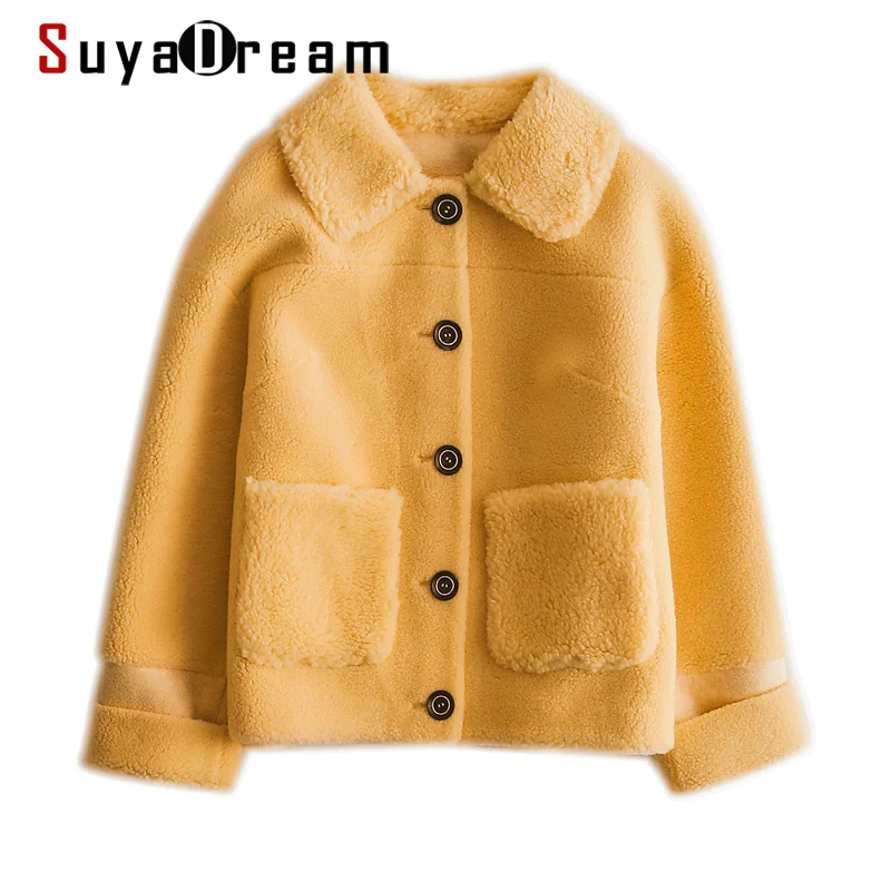 

SuyaDream Handmade Women Lambswool Coat Solid Single Breasted Wool Blend Cream Ginger Winter Coat