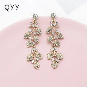 

QYY Bridal Beautiful Leaf Design Long Earrings Shining Evening Party Earring For Women Wedding Jewelry