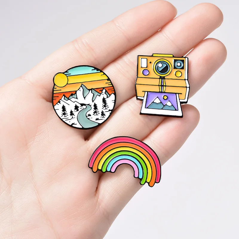 Rainbow sunset Mountains retro polaroid camera film tape creative brooch cartoon pin pendant fixed clothes bag accessories badge