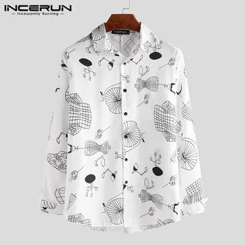 

INCERUN Korean Style Printing Shirt Men Streetwear 2020 Lapel Long Sleeve Stylish Tops Button Loose Camisa Casual Shirts S-5XL