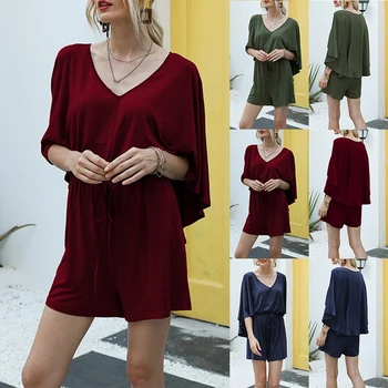

Summer High Waist Ladies Casual V-Neck Bat Sleeve Design Waist Waist Jumpsuit