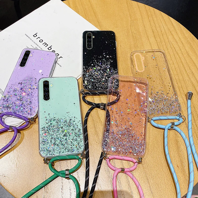 

Ultra-thin Bling Glitter Lanyard Silicone Phone Case For Realme 7 6 5 Pro X2 XT X 3 X50 C15 C12 C11 Luxury Necklace Rope Cover