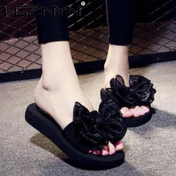 

Summer Slippers Women Women Flip Flops Fashion Solid Color Bow Flat Heel Sandals Outdoor Platform Shoes Beach Shoes for Female