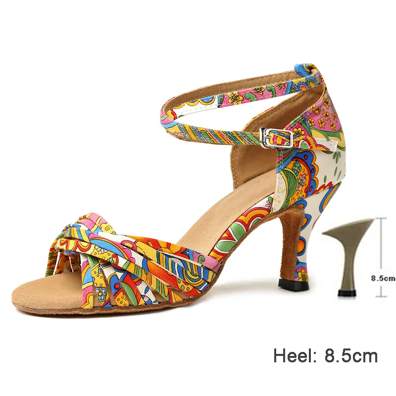 8.5cm heels HROYL Для женщин Латинская танцевальная обувь для девушек и женщин; Цветочный принт ткань Танго Танцы, высота каблука 10/9/8,5/7,5/с высотой каблука 6 см оптовик - Цвет: 8.5cm heels