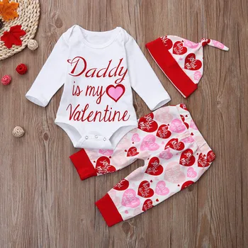 

Cute Baby Girl Valentines Clothes Set Long Sleeve Bodysuit Pants With Hat Baby Girls Clothes Spring 2020 Newborn Girls Outfits